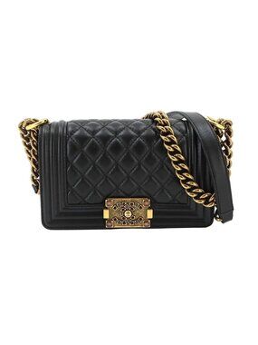Chanel Boy Small Chain Shoulder Bag Lambskin Black Gold